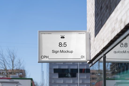 Outdoor sign mockup displayed on a clear day, ideal for designers to showcase branding, located above street level on modern architecture.